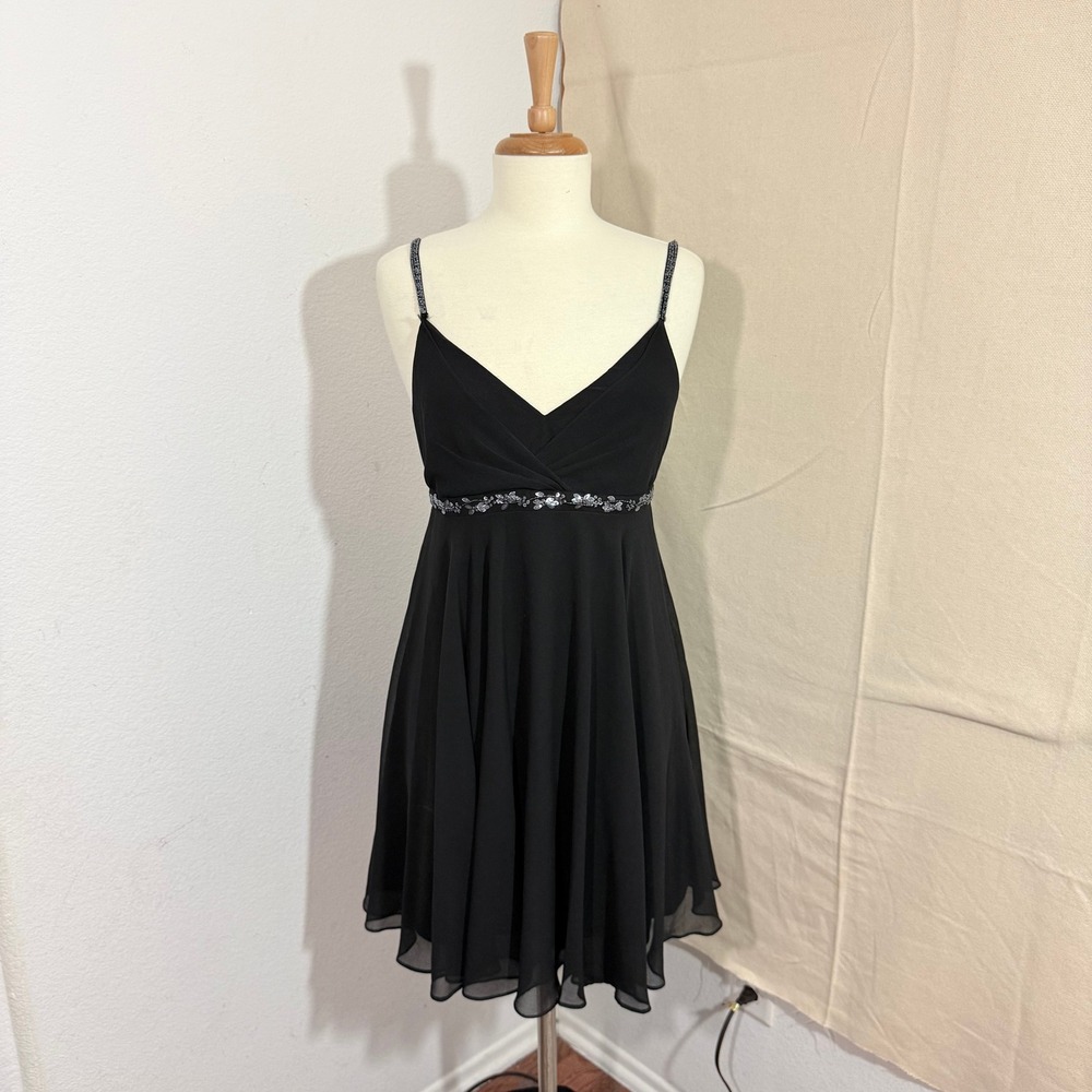 Eva Blue Petite Black‎ Beaded Waist Chiffon Cocktail Dress Size 10P